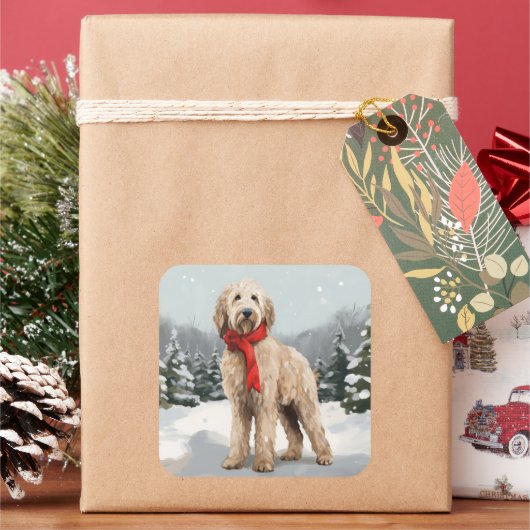 Goudendoodle hond in sneeuw Kerstmis Vierkante Sticker (Feestdagen)