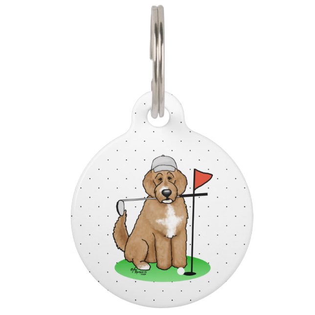 Goudendoodle-hond speelt golf (rode whmk2) Schatti Huisdierpenning (Voorkant)