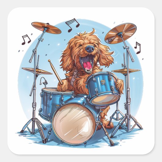 Goudendoodle-hond speelt op drums vierkante sticker (Voorkant)