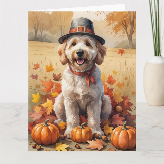 Goudendoodle in herfstbladeren Thanksgiving kunst Kaart (Voorkant)