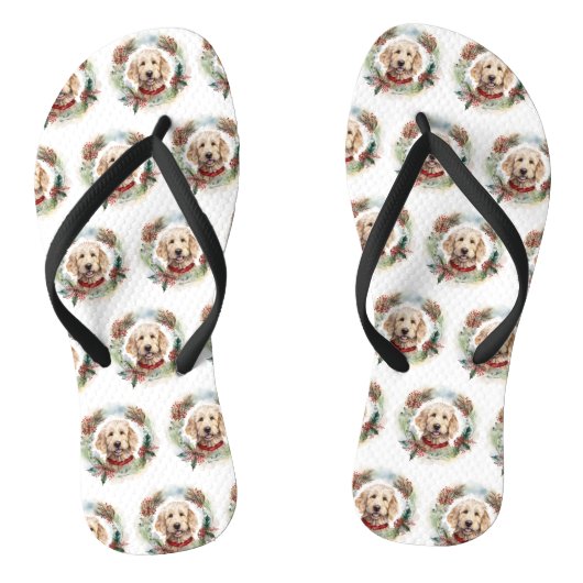 Goudendoodle Kerstkrans Feestelijke Pup Teenslippers (Voetbed)