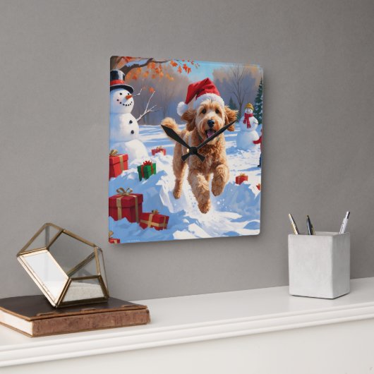 Goudendoodle rent in de sneeuw met kerstmuts vierkante klok (Kantoor)