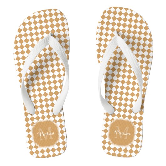 Goudenroede Gele Geruite Monogram Met Naam Teenslippers (Voetbed)