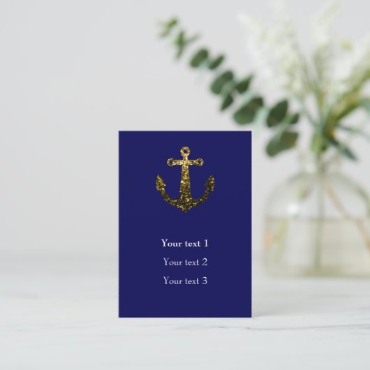 Goudfaux sparkles Anchor navy blue Personaliseer Visitekaartje (Staand voorkant)
