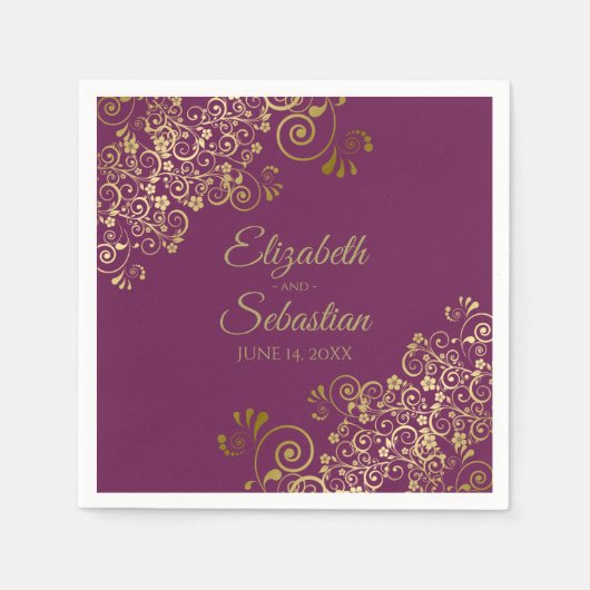  goudFiligree Elegant Cassis Paars Wedding Servet (Voorkant)