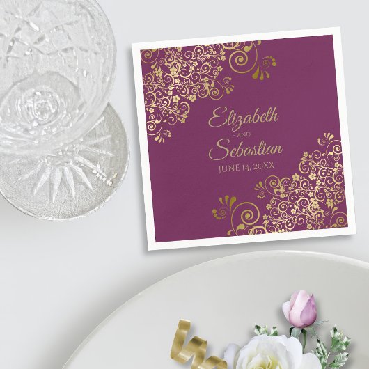  goudFiligree Elegant Cassis Paars Wedding Servet