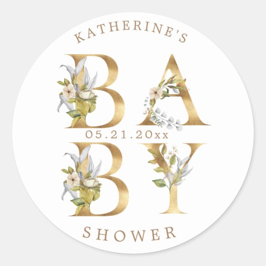 goudflorale letters baby shower monogram klassiek ronde sticker (Voorkant)