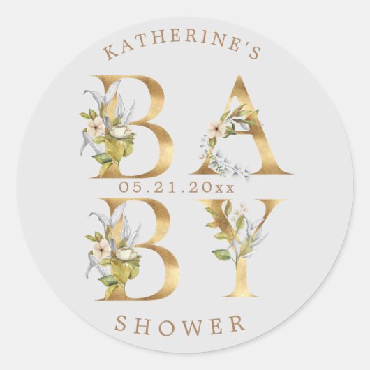 goudflorale letters baby shower monogram ronde sticker (Voorkant)