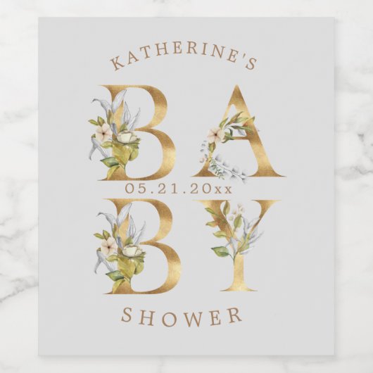 goudflorale letters baby shower monogram wijn etiket (Enkel label)