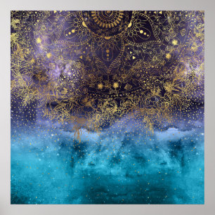 Goudflorale mandala en confetti afbeelding poster