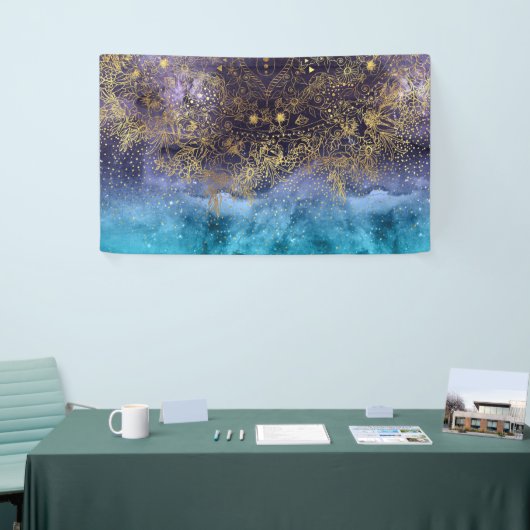 Goudflorale mandala en confetti afbeelding spandoek (Beurs)