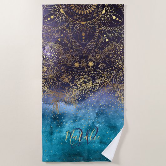 Goudflorale mandala en confetti afbeelding strandlaken (Voorkant)