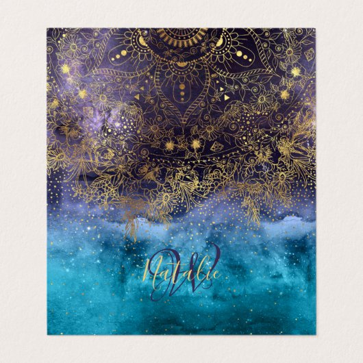 Goudflorale mandala en confetti afbeelding visitekaartje (Buitenkant ongevouwen)