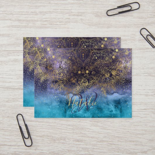 Goudflorale mandala en confetti afbeelding visitekaartje (Voorkant / Achterkant in situ)