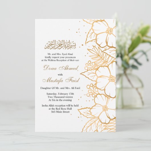 goudflorale moslimtrouwuitnodiging kaart (Staand voorkant)