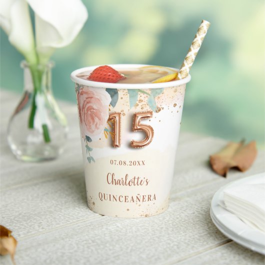 goudfloralen van het roos van Quinceanera glitter Papieren Bekers (Insitu)