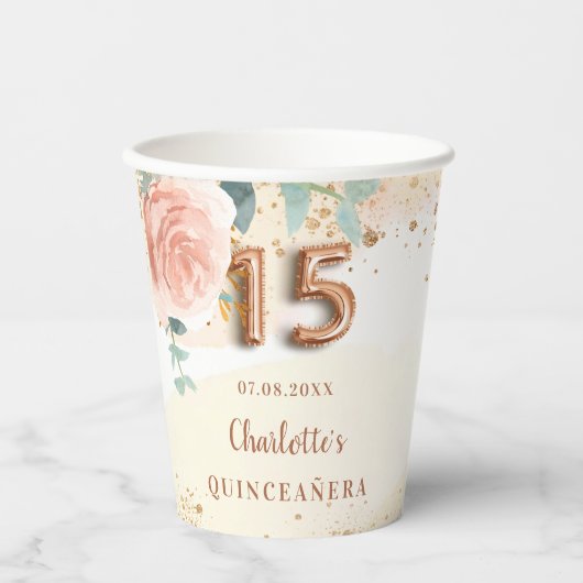 goudfloralen van het roos van Quinceanera glitter  Papieren Bekers (Voorkant)