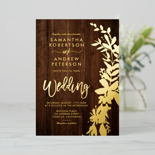 goudfloreus met bruin bruin hout folie uitnodiging (Staand Voorkant)