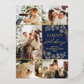 Goudfolie 5 Fotofamilie Collage Blue Vakantie Kaar Folie Uitnodiging (Voorkant)