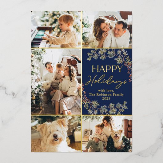 Goudfolie 5 Fotofamilie Collage Blue Vakantie Kaar Folie Uitnodiging (Voorkant)