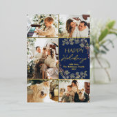 Goudfolie 5 Fotofamilie Collage Blue Vakantie Kaar Folie Uitnodiging (Staand Voorkant)