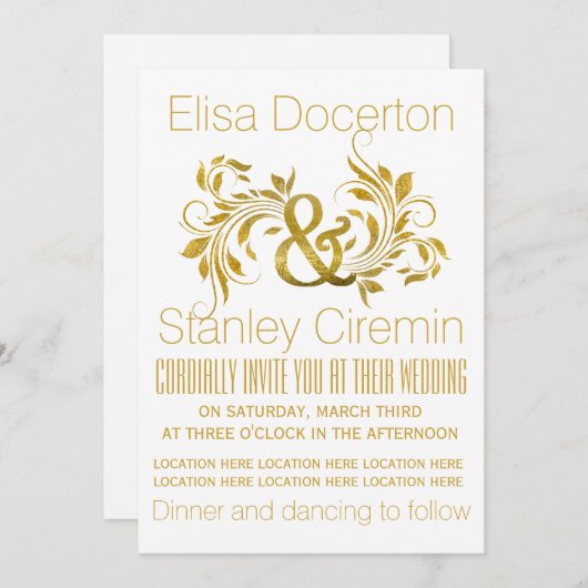 Goudfolie ampersand en rolblad florale bruiloft kaart (Voorkant / Achterkant)