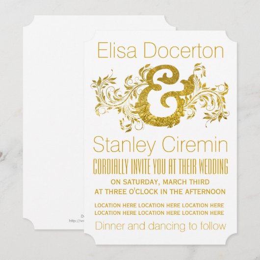 Goudfolie ampersand en rolblad florale bruiloft kaart (Voorkant / Achterkant)