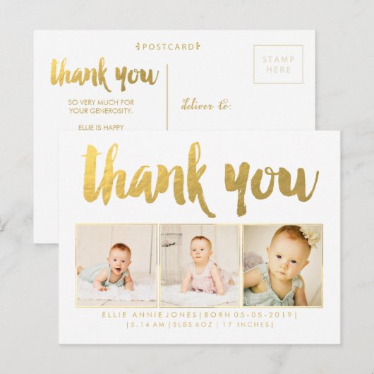 Goudfolie Baby Dank u Foto Lijst Briefkaart (Voorkant / Achterkant)