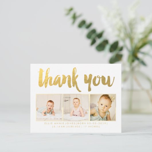 Goudfolie Baby Dank u Foto Lijst Briefkaart (Staand voorkant)