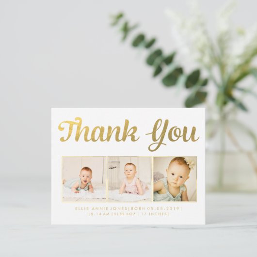 Goudfolie Baby Dank u Foto Lijst Briefkaart (Staand voorkant)