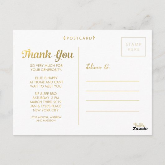 Goudfolie Baby Dank u Foto Lijst Briefkaart (Achterkant)