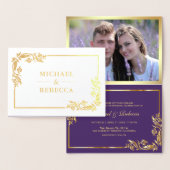 Goudfolie Bloemen Foto Paarse bruiloft uitnodiging (Display)