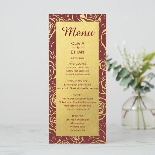 Goudfolie Bloemen op Bourgogne Menu (Staand voorkant)