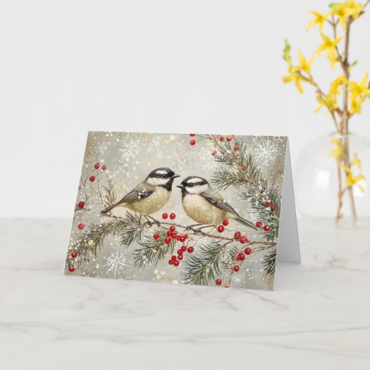 Goudfolie en glitter Chickadees met sneeuw Kaart (Gele Bloem)