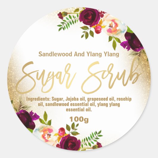 Goudfolie Glitter Floral White Sugar Scrub Label (Voorkant)