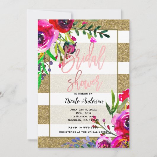 Goudfolie Glitter Stripe Bold Floral Vrijgezellenf Kaart (Voorkant)