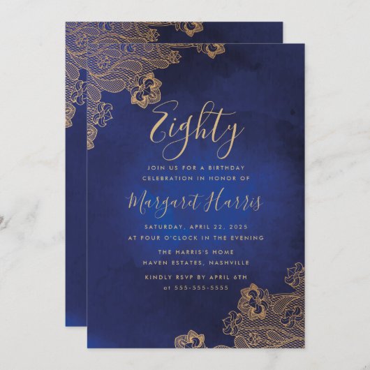 Goudfolie Kant  Blauw 80ste Tachtig Verjaardag Kaart (Voorkant / Achterkant)