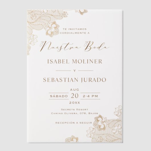 Goudfolie Kant  Nuestra Boda Spaans Bruiloft Vellum Uitnodigingen (Voorkant)