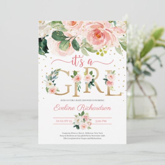 Goudfolie letters het is een meisje bloemig baby s kaart (Staand voorkant)