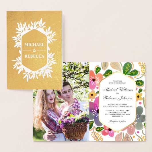 Goudfolie Levendige Waterverf Bloemen Bruiloft Uit Folie Kaarten (Display)