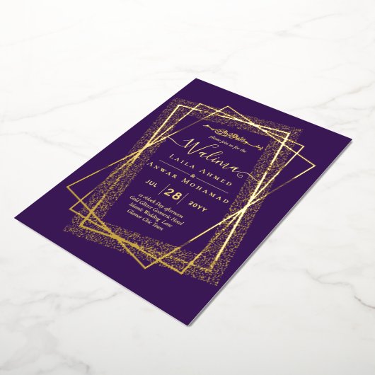 GOUDFOLIE Lijst Paars Nikah Walima Islamitisch Huw Folie Uitnodiging (Gedraaid)
