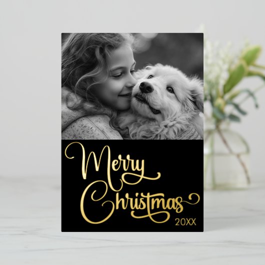 Goudfolie Merry Christmas Custom Familie Afbeeldin Folie Feestdagenkaart (Staand Voorkant)