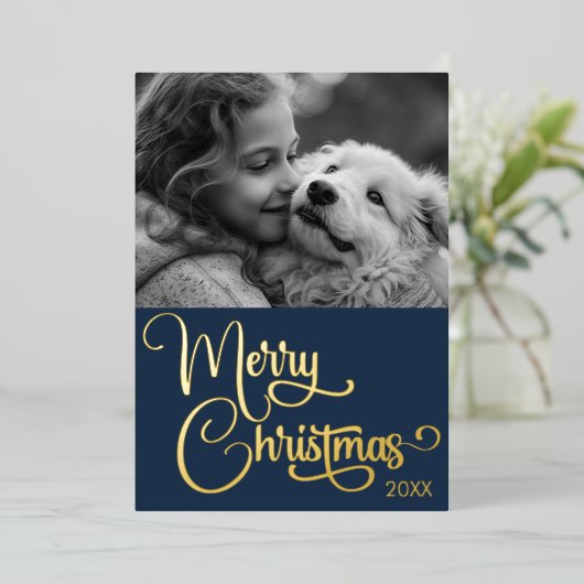 Goudfolie Merry Christmas Custom Familie Afbeeldin Folie Feestdagenkaart (Staand Voorkant)