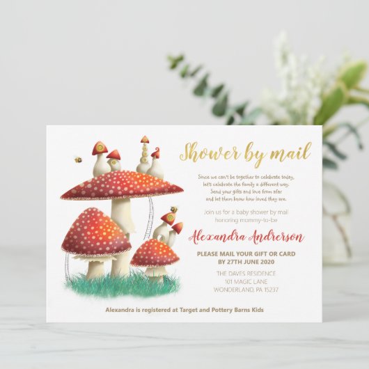 Goudfolie paddenstoel & bijen baby shower per post kaart (Staand voorkant)