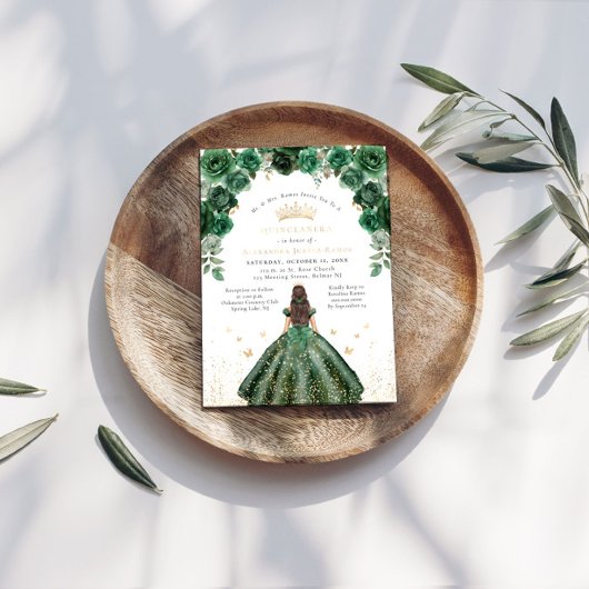 Goudfolie Quinceañera Emerald Green Floral Folie Uitnodiging