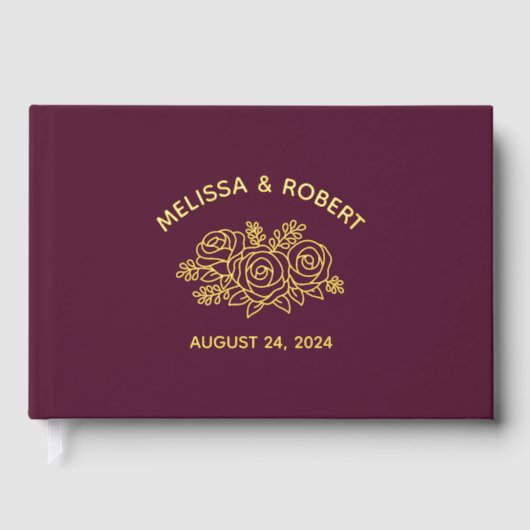 Goudfolie Roos Bloemen op Bourgondische bruiloft Gastenboek (Voorkant)