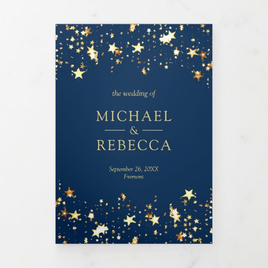 Goudfolie Sterren Confetti Navy Blue Bruiloft Drieluik Uitnodiging (Cover)