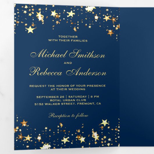 Goudfolie Sterren Confetti Navy Blue Bruiloft Drieluik Uitnodiging (Binnenzijde eerst)