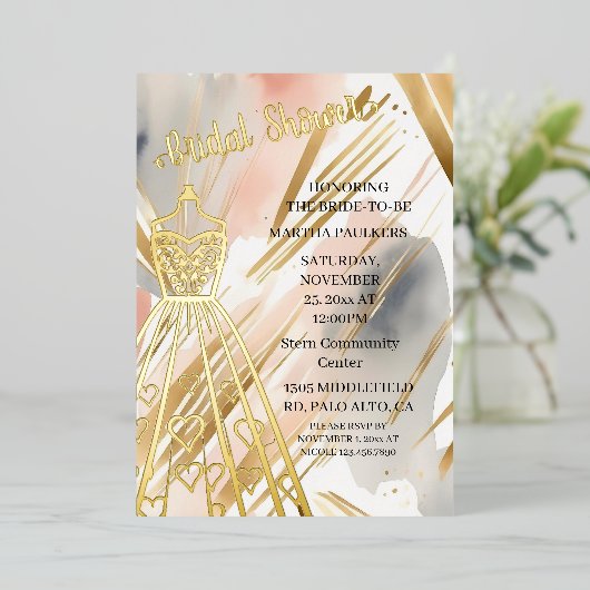 Goudfolie Trouwjurk Vrijgezellenfeest Folie Uitnodiging (Staand Voorkant)