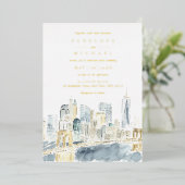 Goudfolie Waterverf New York City Bruiloft Folie Uitnodiging (Staand Voorkant)